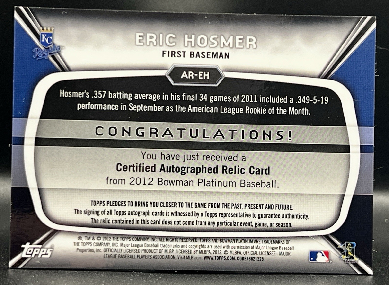 2012 Bowman Platinum Eric Hosmer Rookie #AR-EH Relic Autograph (AU, MEM, RC)