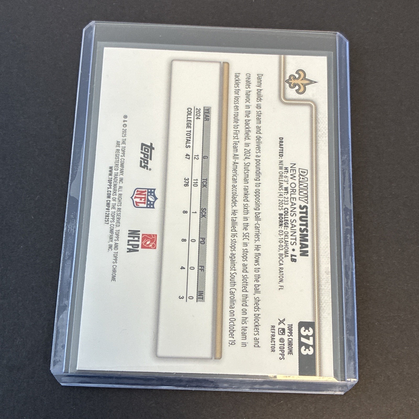2025 Topps Chrome #373 Danny Stutsman Refractor New Orleans Saints Rookie