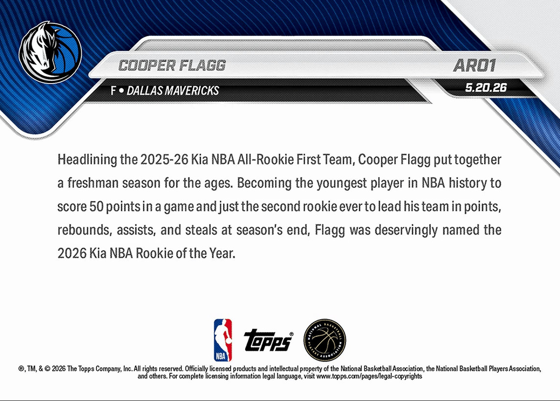 2025 Topps Now Cooper Flagg #AR01 Dallas Mavericks Rookie RC Basketball Card