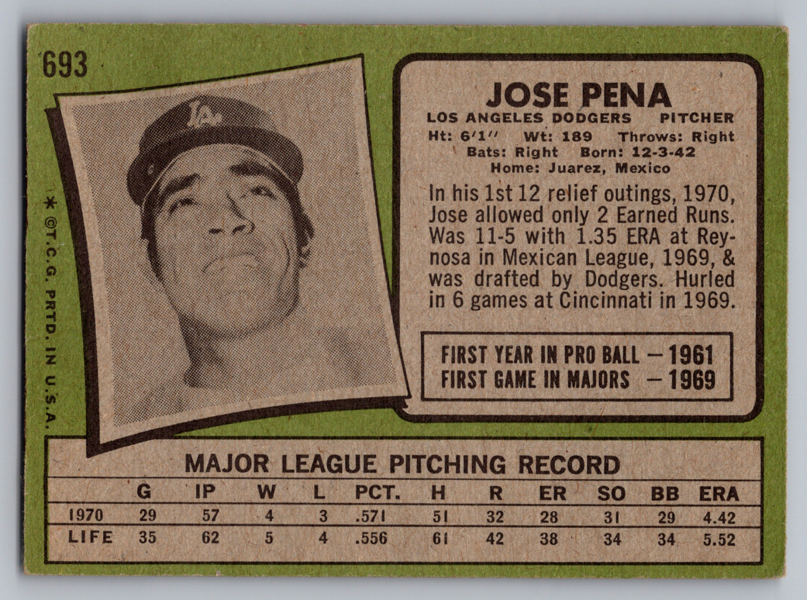 1971 TOPPS #693 JOSE PENA LOS ANGELES DODGERS SP