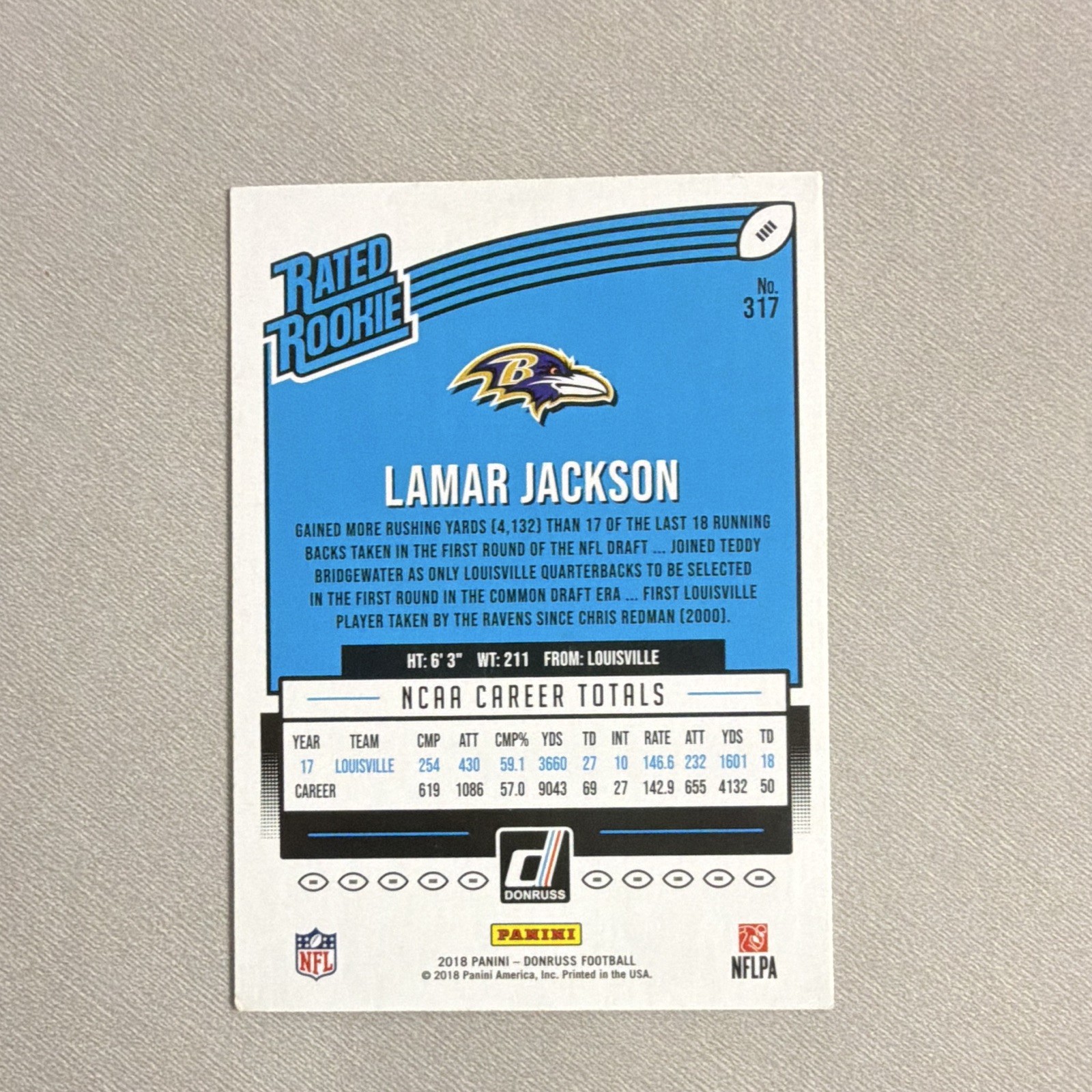Panini 2018 Donruss Rated Rookie Lamar Jackson RC Baltimore Ravens #317