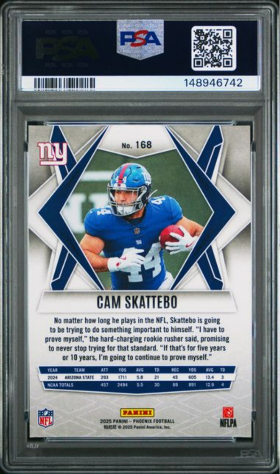 Graded 2025 Panini Phoenix Cam Skattebo #168 Silver Pyramids Rookie Card PSA 10