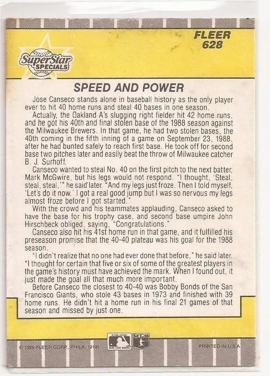 1989 Fleer Speed and Power Jose Canseco 40/40 Card #628 – Oakland Athletics