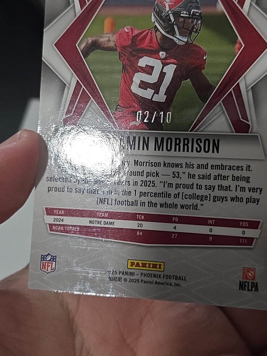 2025 Panini Phoenix Rookies Benjamin Morrison #247 Colorburst /10 TB Buccaneers