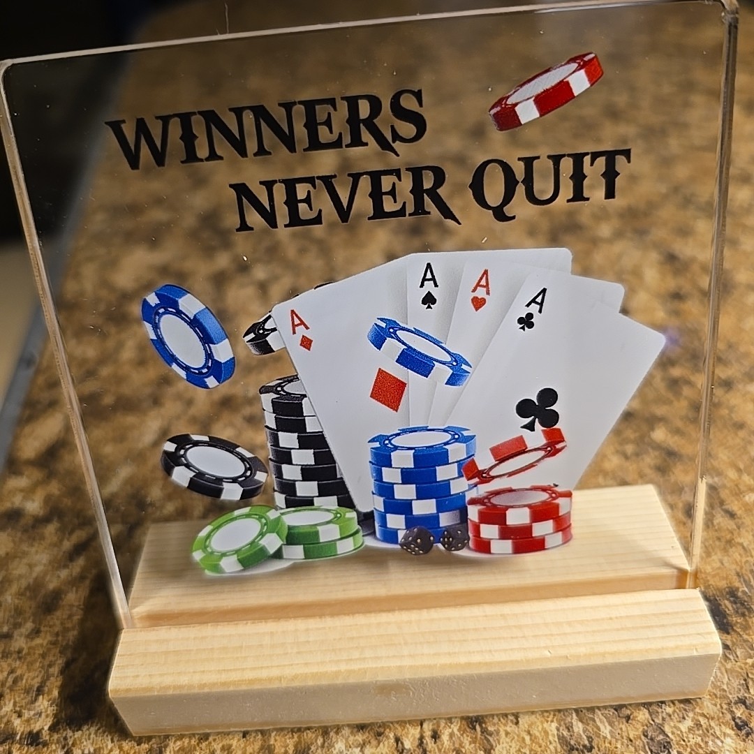 Winners Never Quit Poker Trophy With wooden Stand Winner Acrylic Clear Minicards