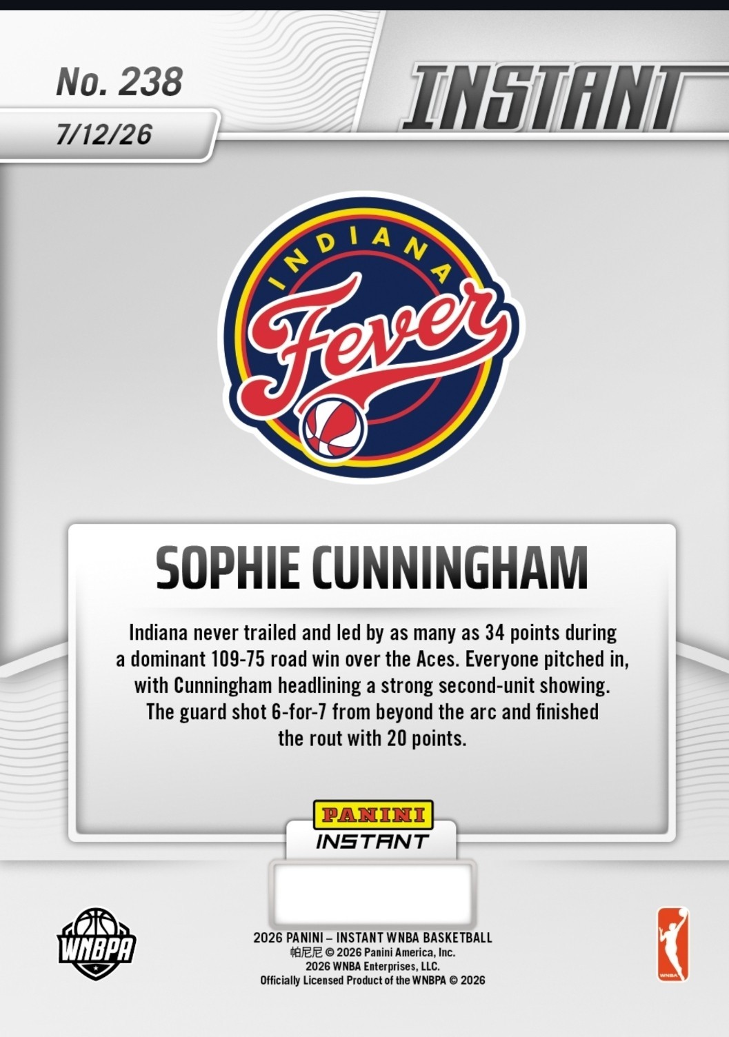Sophie Cunningham – 2026 Panini Instant – WNBA #238 “20 Points” Fever Presale