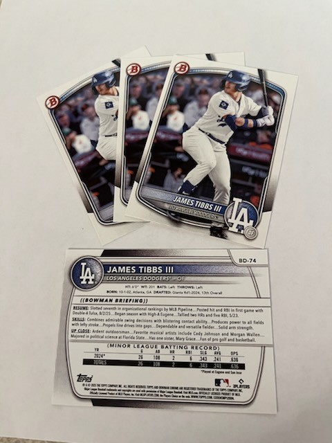2025 Bowman Draft James Tibbs III 4 Card Lot #BD-74 Dodgers