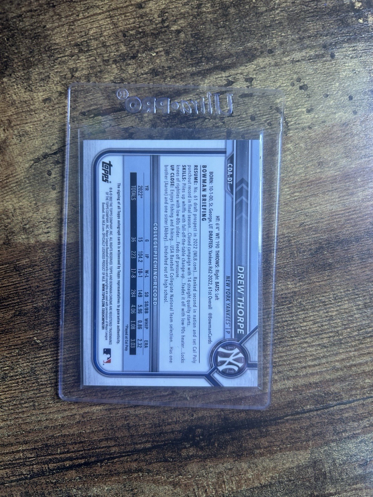 2022 BOWMAN CHROME DREW THORPE AUTO Aqua Refractor /199