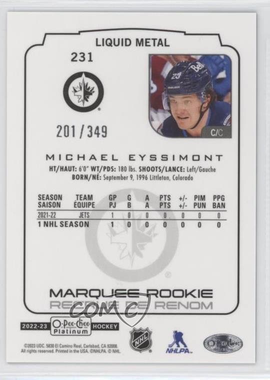 2022-23 O-Pee-Chee Platinum Marquee Rookies Liquid Metal Michael Eyssimont 14sr