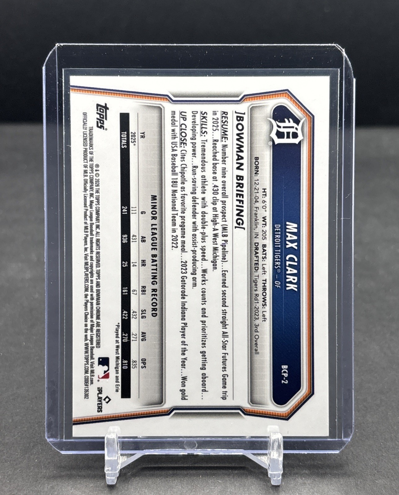 2026 BOWMAN CHROME PROSPECTS #BCP-2 Max Clark Tigers RC Reptilian Gold /50