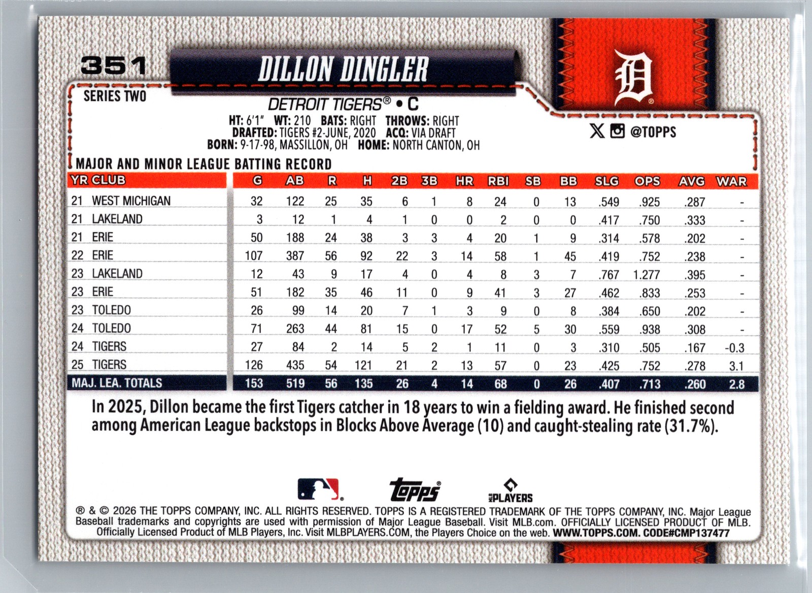 2026 Topps #351 Dillon Dingler Detroit Tigers