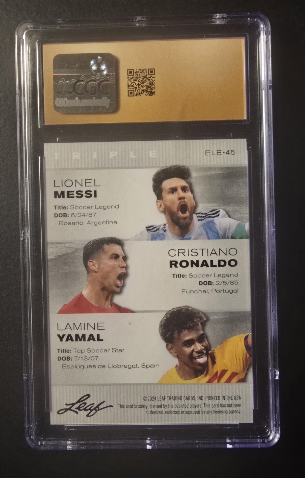2024 Leaf Exclusive Legends Edition Triple #ELE-45 Messi/Ronaldo/Yamal – CGC 10