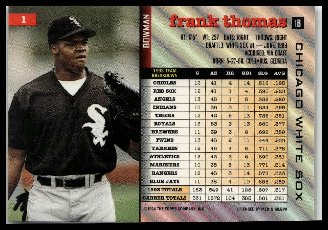 1994 Stadium Club #1 Frank Thomas 1994 Bowman Previews