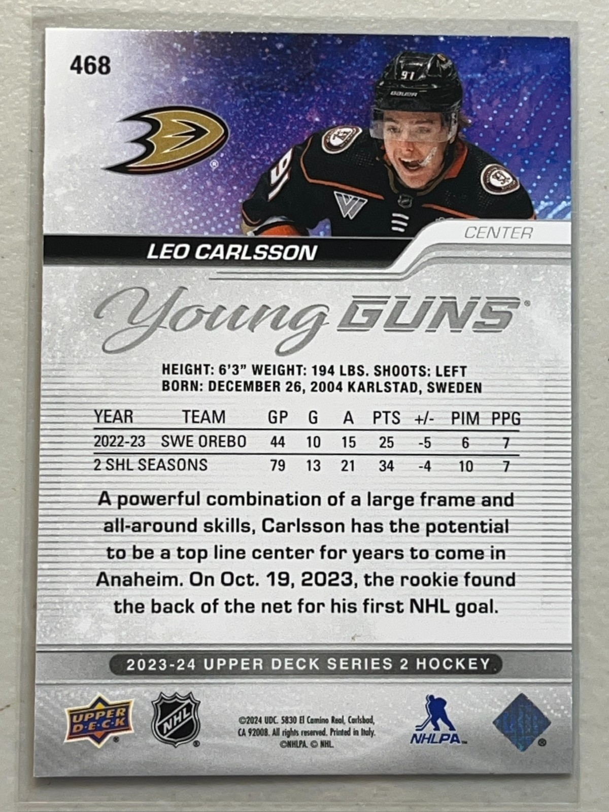 Leo Carlsson 2023-24 Upper Deck Series 2 Young Guns Rookie Card RC #468 Ducks A