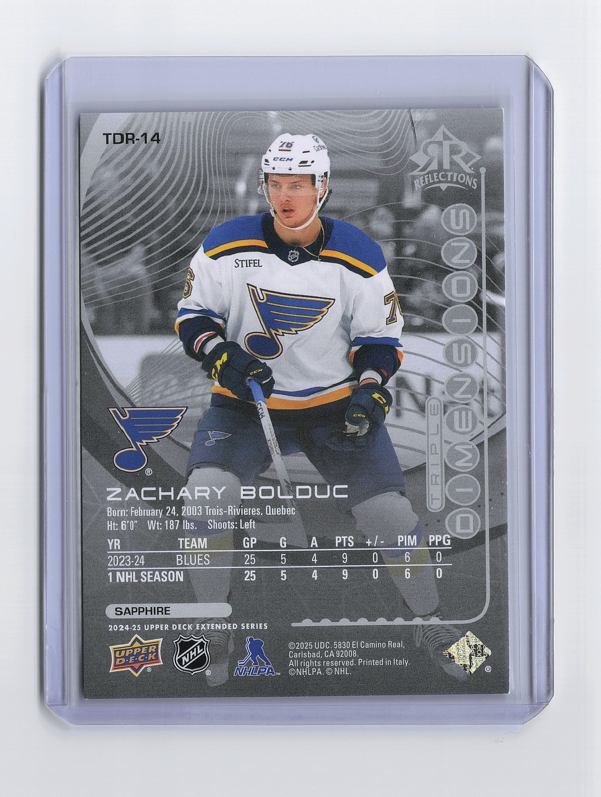 2024-25 UD #TDR-14 Zachary Bolduc Triple Dimensions Reflections Sapphire #/10