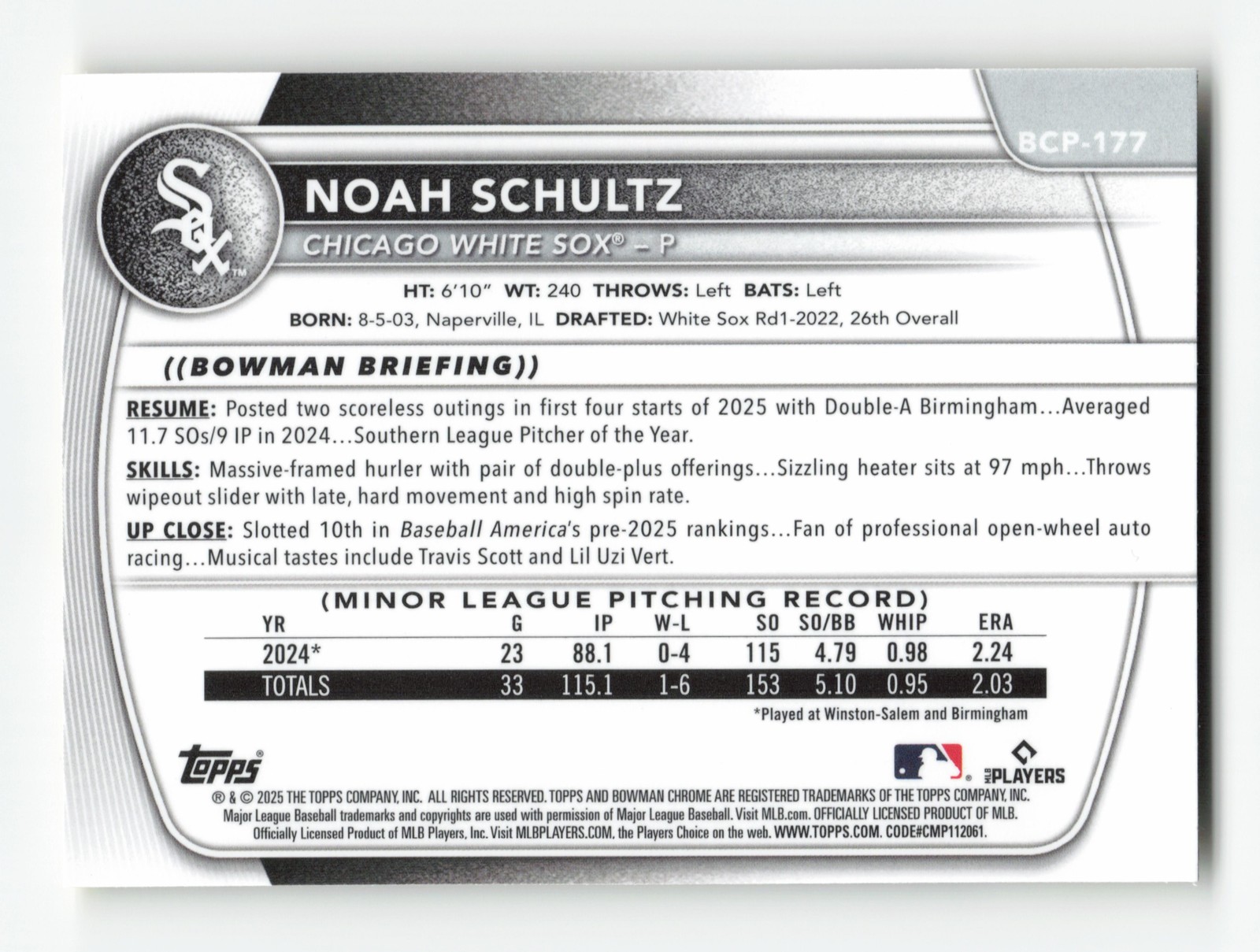 2025 Bowman Chrome Sapphire Edition #BCP-177 Noah Schultz Prospects Yellow #/75