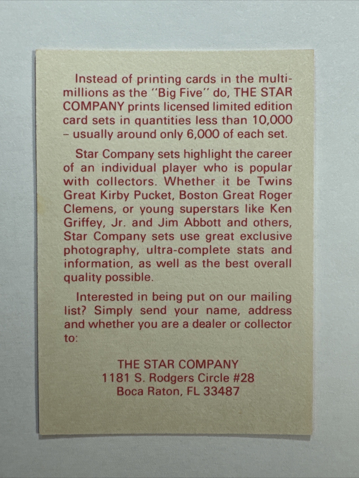 Darryl Strawberry ~ The Star Co. #NNO ~ Ad Card **Promo**