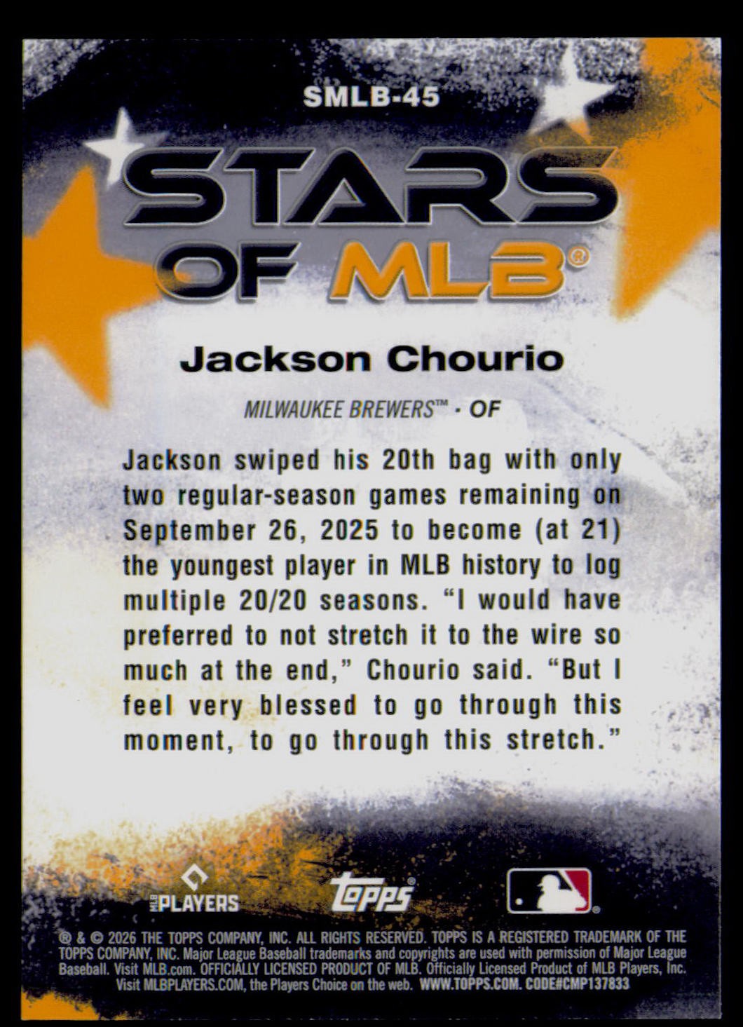 2026 Topps Jackson Chourio Stars of MLB #SMLB-45 Milwaukee Brewers