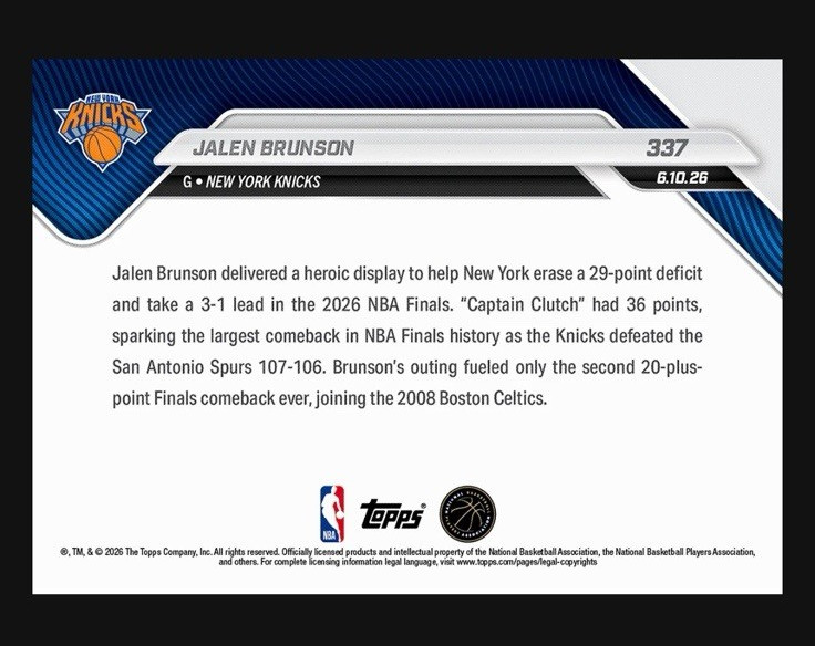 2025-26 NBA Topps Now #337 Jalen Brunson New York Knicks NBA Finals – PRESALE
