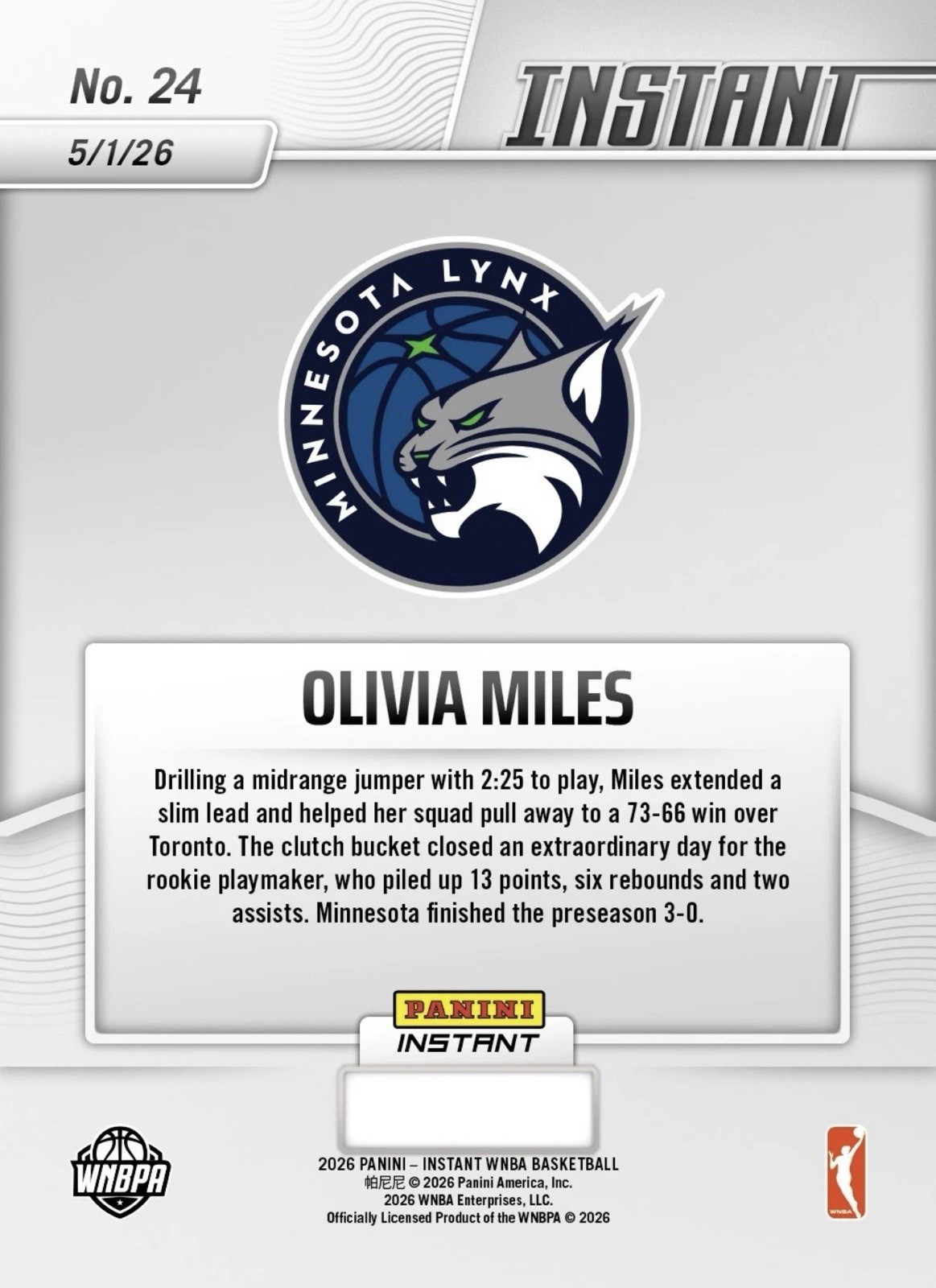 2026 Panini Instant WNBA Olivia Miles ROOKIE CARD SP Minnesota Lynx #24 RC 🔥
