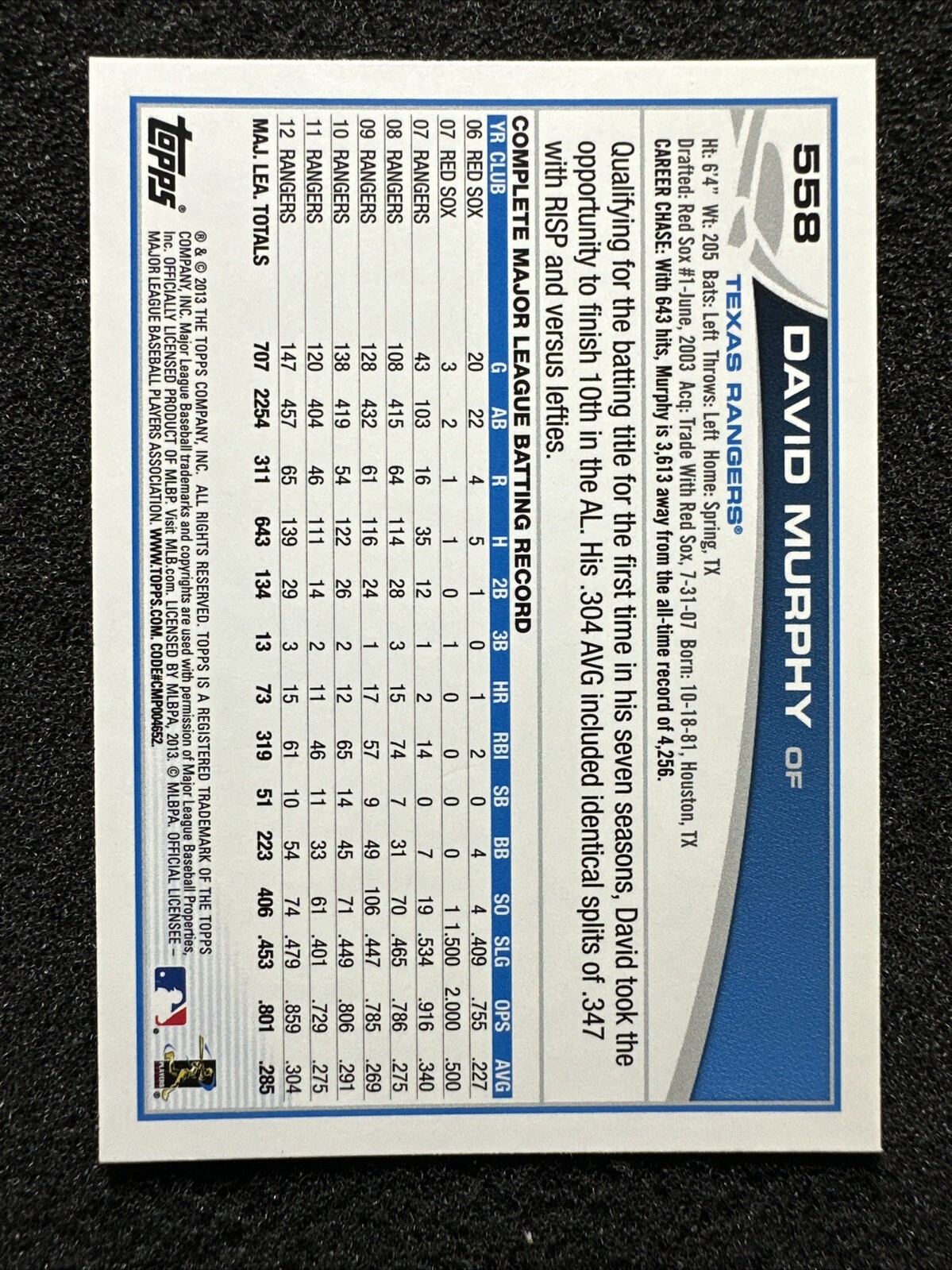 DAVID MURPHY #558 2013 Topps Baseball QTY Texas Rangers
