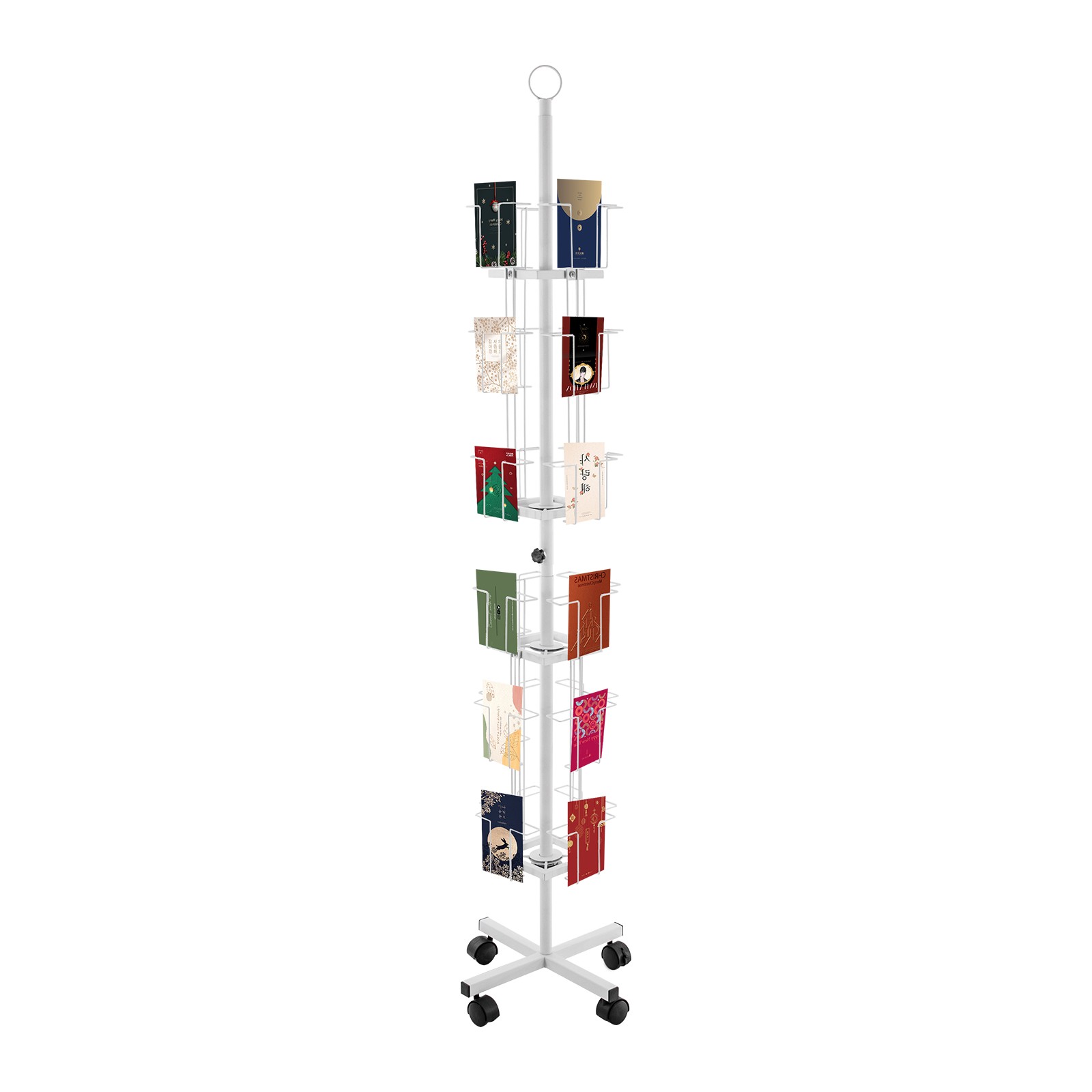6-tier 32-pocket Rotating Greeting Card Iron Rack Postcard Stand With 4 Wheels