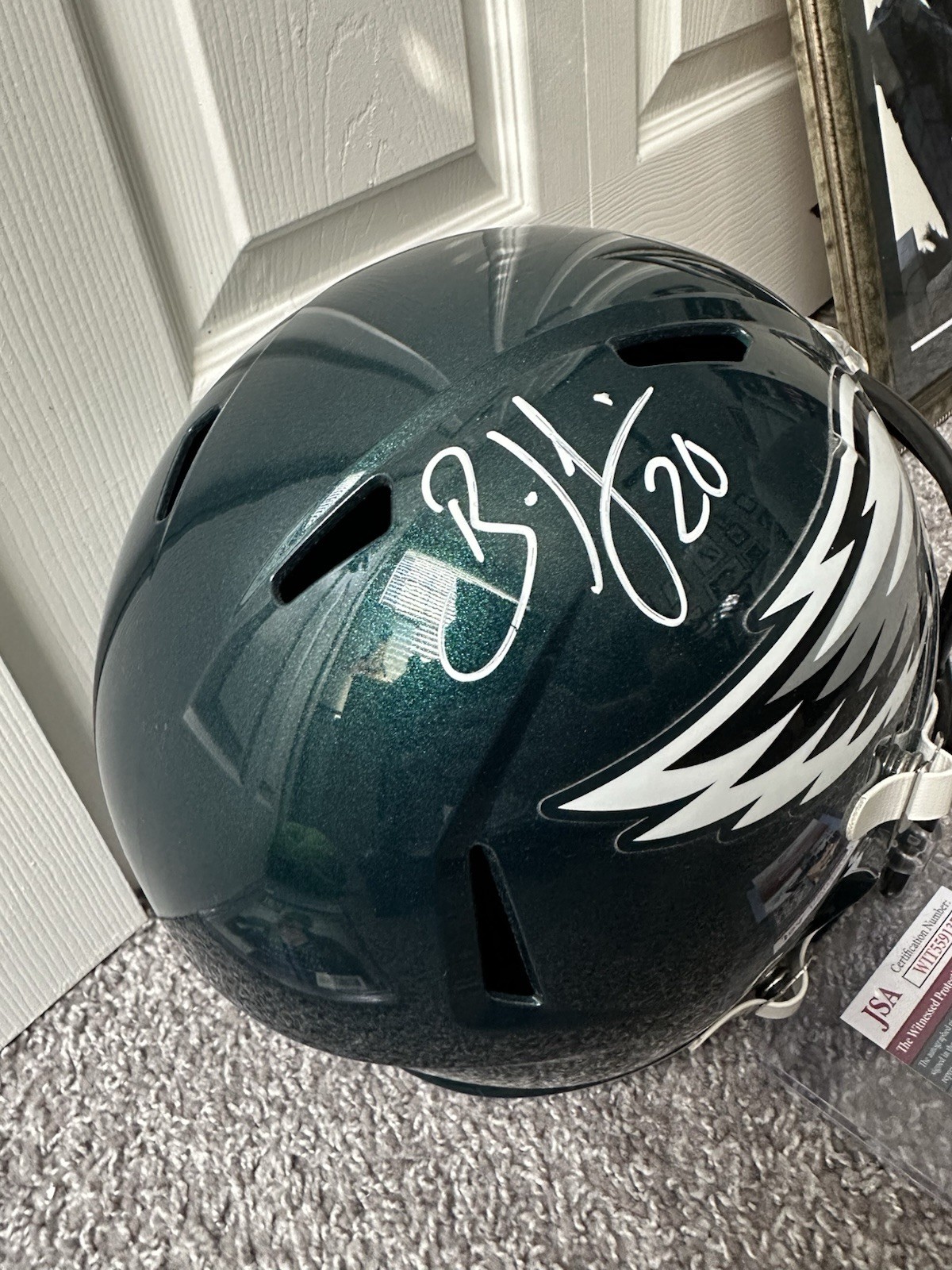 Brian Dawkins Signed Eagles Green Full Size Replica NFL Helmet JSA Cert
