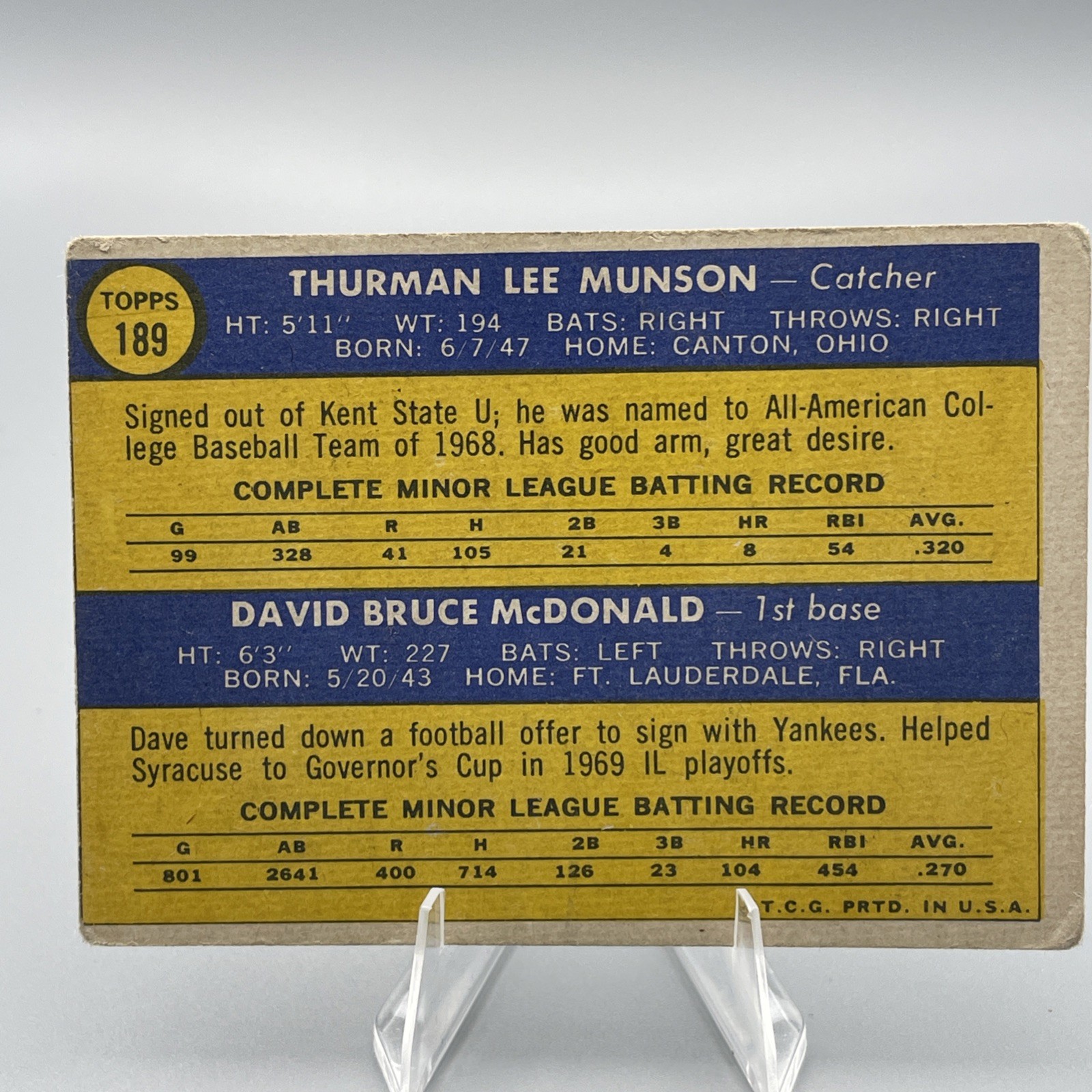 1970 Topps- #189 Thurman Munson -David McDonald 1970 Yankees Rookie Stars – Poor