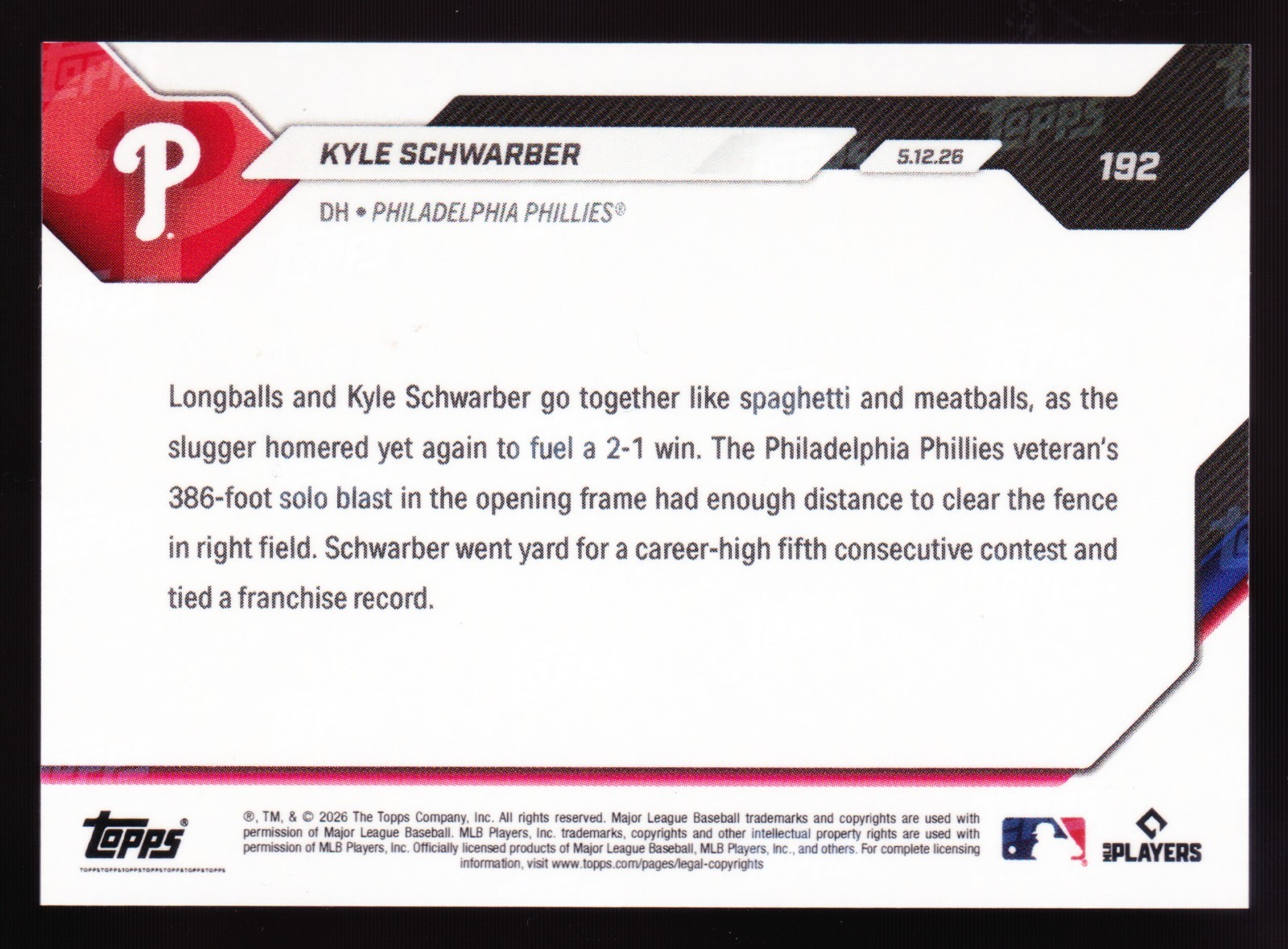 Kyle Schwarber Phillies HR in 5th Straight Game 2026 MLB Topps NOW #192