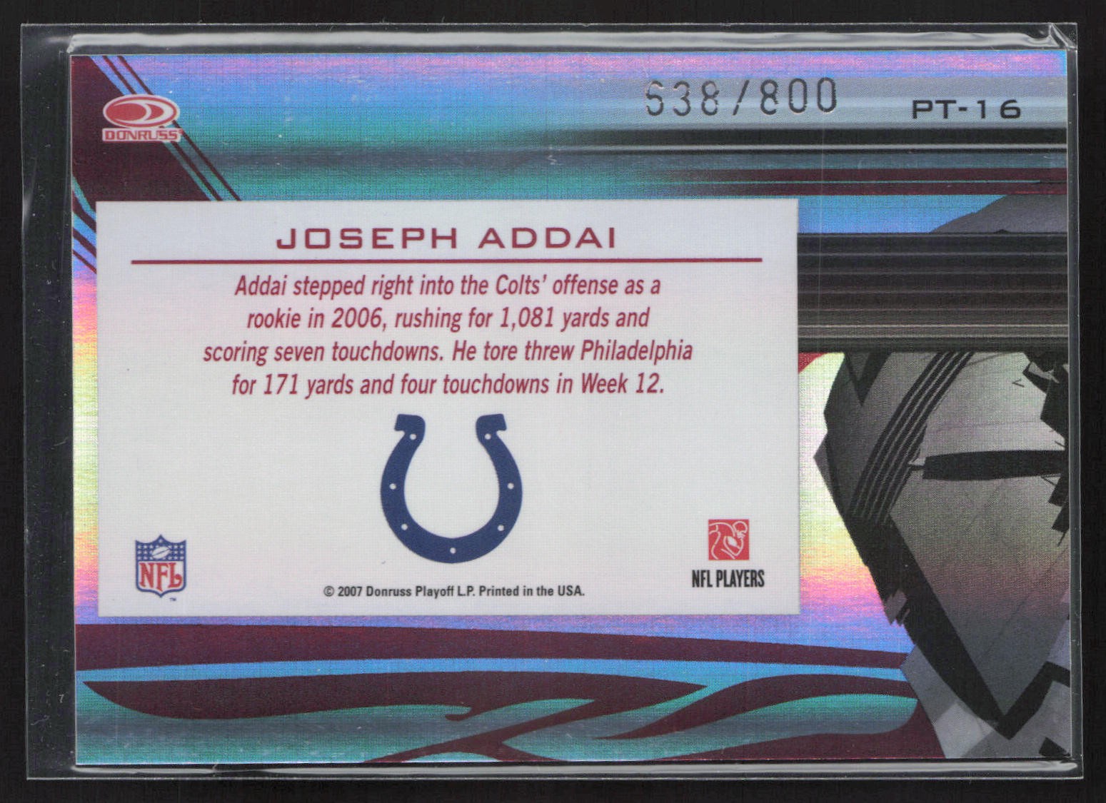 2007 Donruss Elite #PT-16 Joseph Addai Passing the Torch Red #/800
