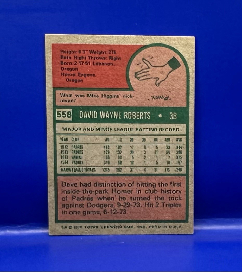 Dave Roberts #558 1975 Topps San Diego Padres Baseball Card MLB