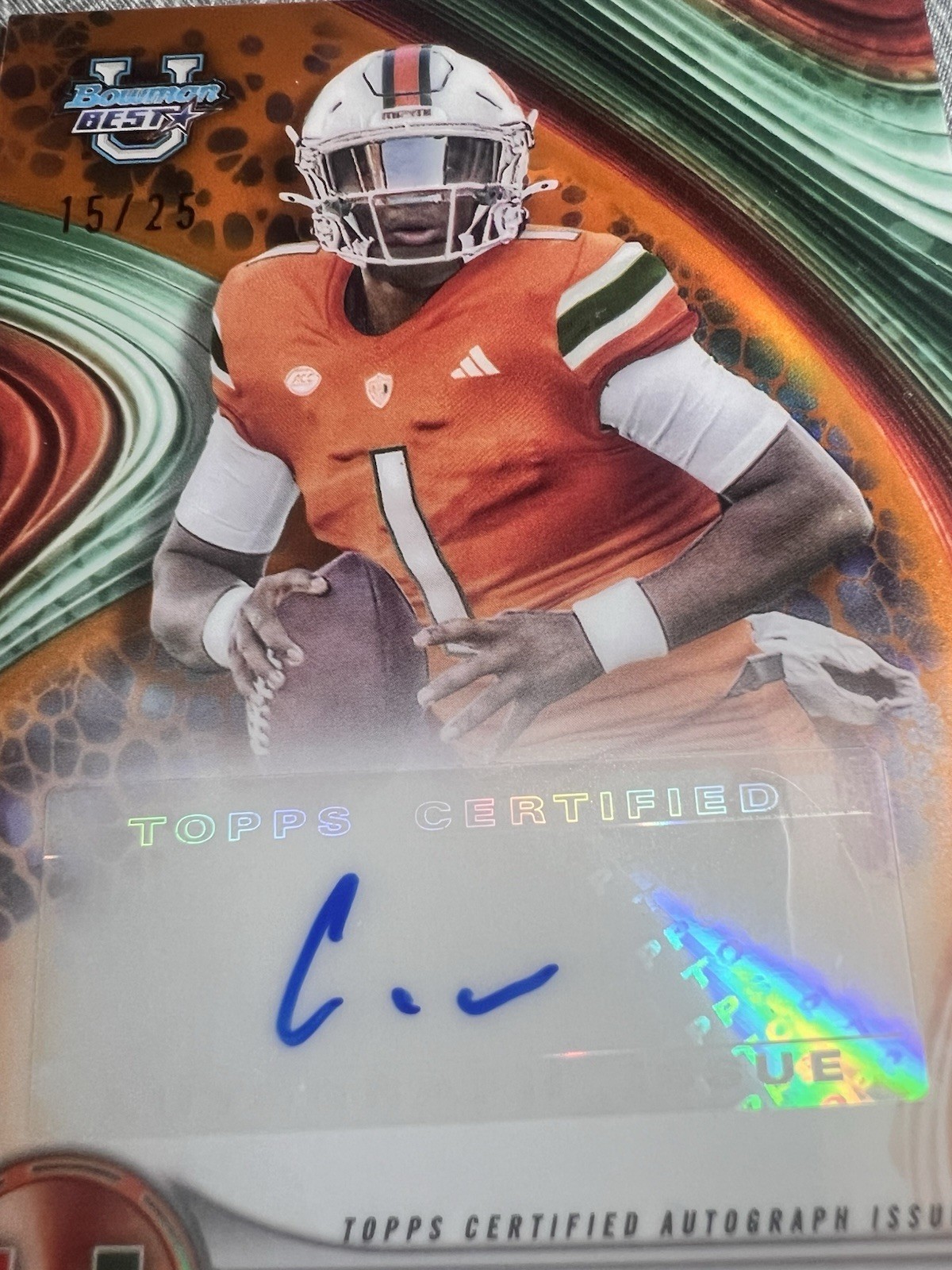 2024 Bowman’s Best U – Cameron Ward – /25 Autograph Orange #BOA-CWA Miami