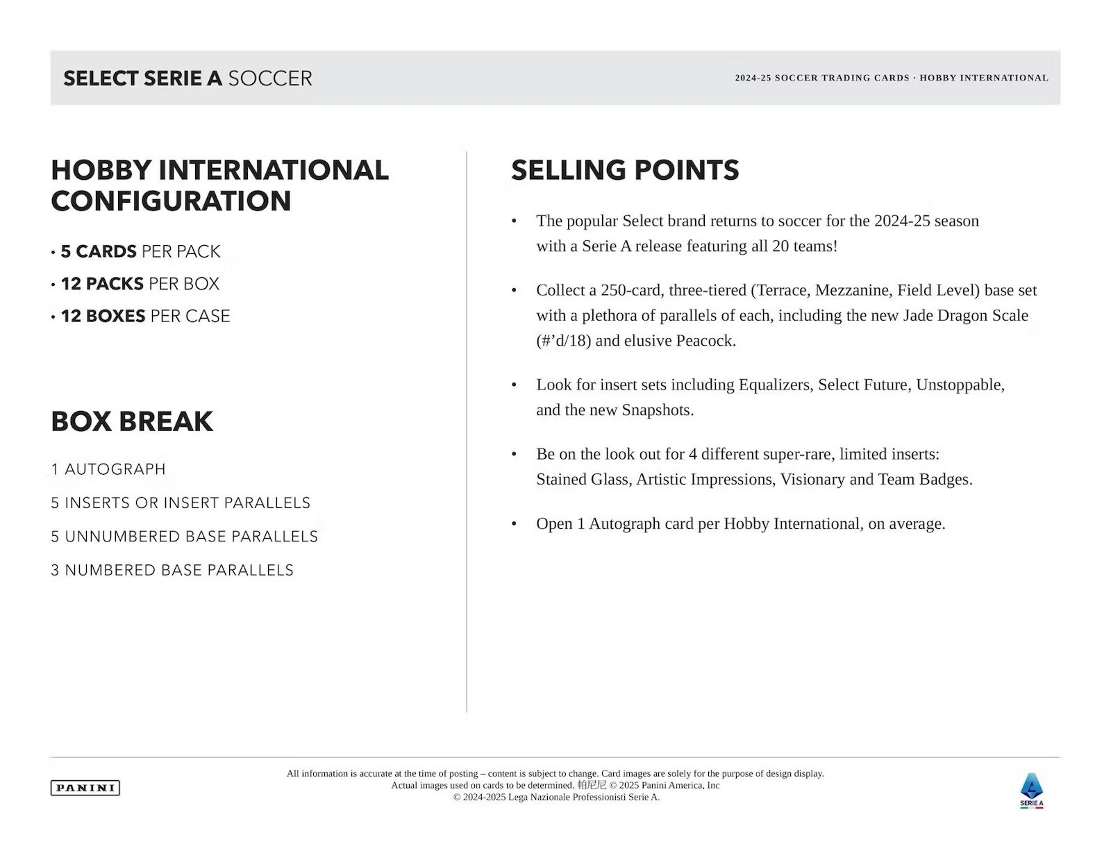 2024-25 Panini Select Serie A Soccer International Hobby Box 1 AUTO Per BOX