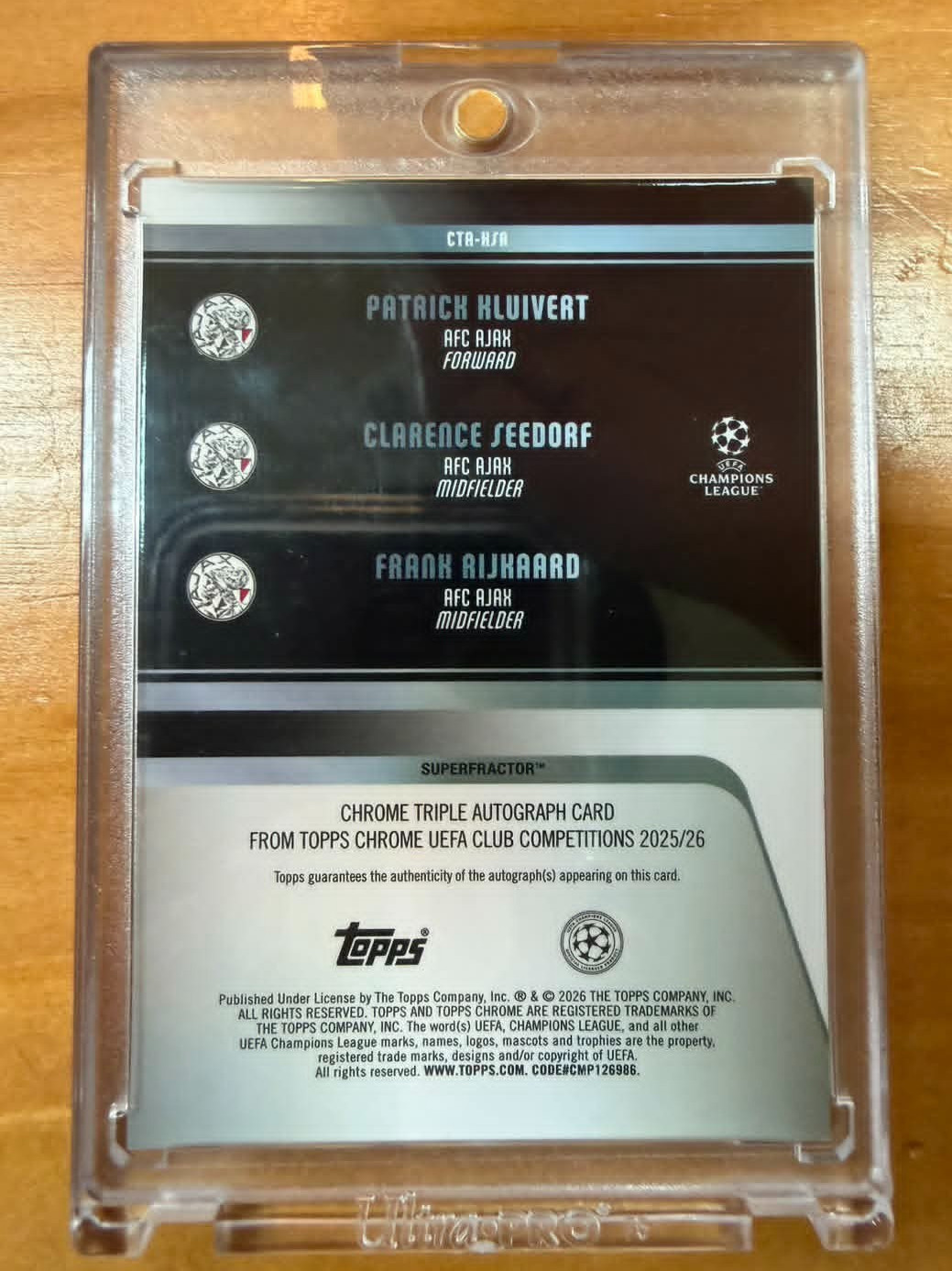 2025-26 TOPPS CHROME UEFA KLUIVERT SEEDORF RIJKAARD TRIPLE AUTO SUPERFRACTOR 1/1