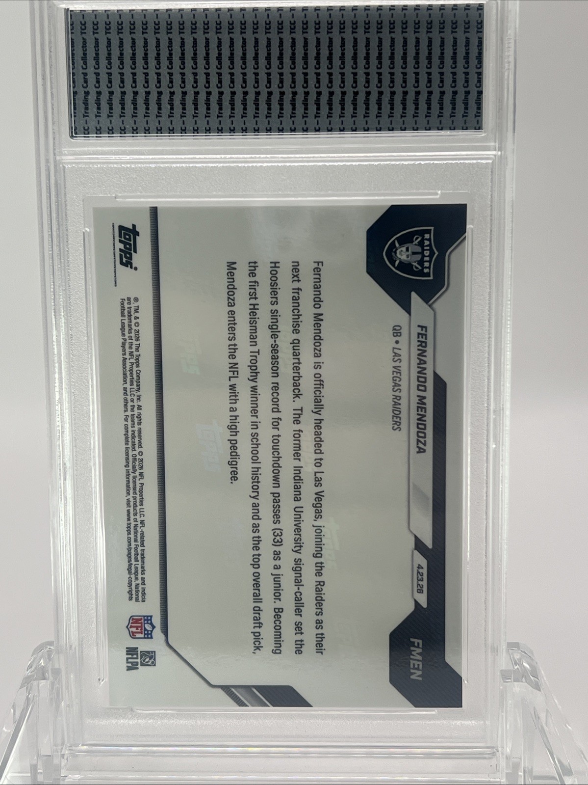 Presale 2026 Topps Now Fernando Mendoza NFL Draft #1 Pick TCC Graded Gem Mint 10