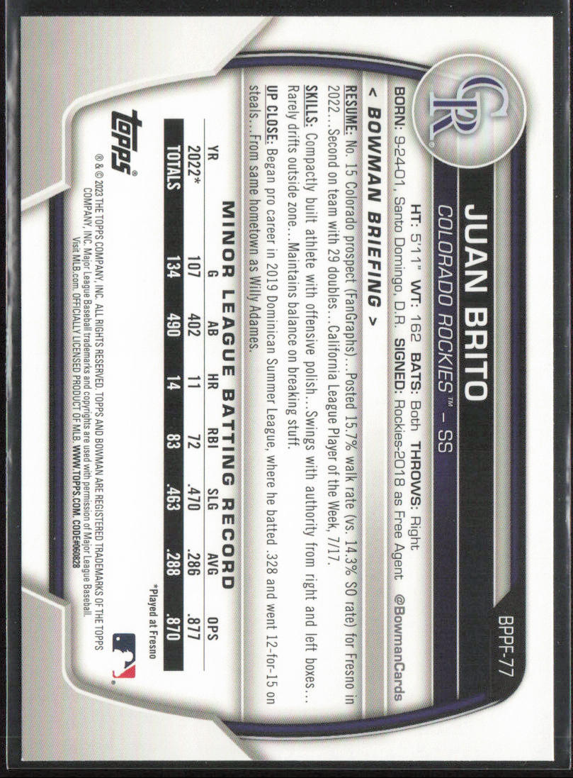 2023 Bowman 1st Edition Juan Brito BPPF-77 1st | Colorado Rockies