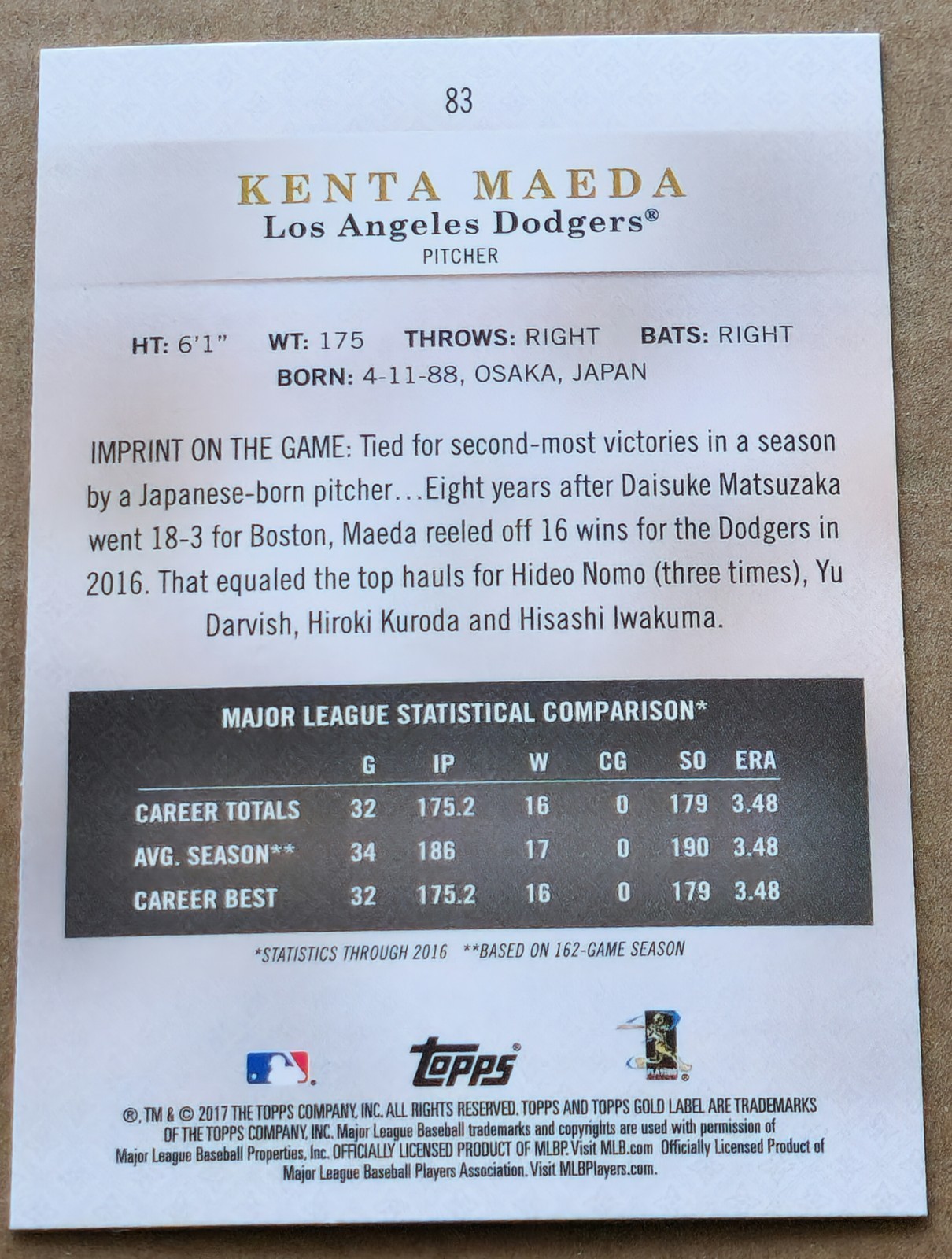 2017 Topps Gold Label #83 Kenta Maeda Los Angeles Dodgers