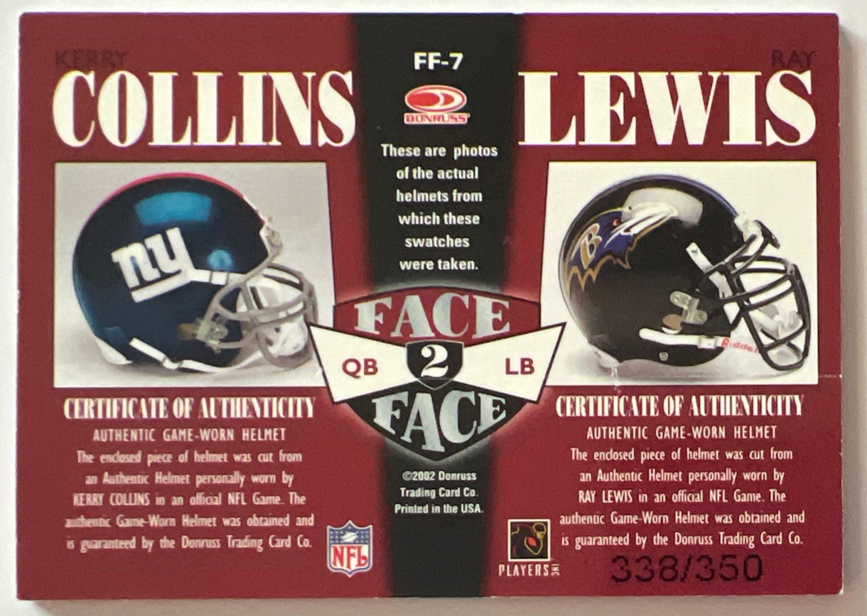Ray Lewis Kerry Collins 2002 Donruss Elite Face 2 Face Game Worn Face Mask #/350