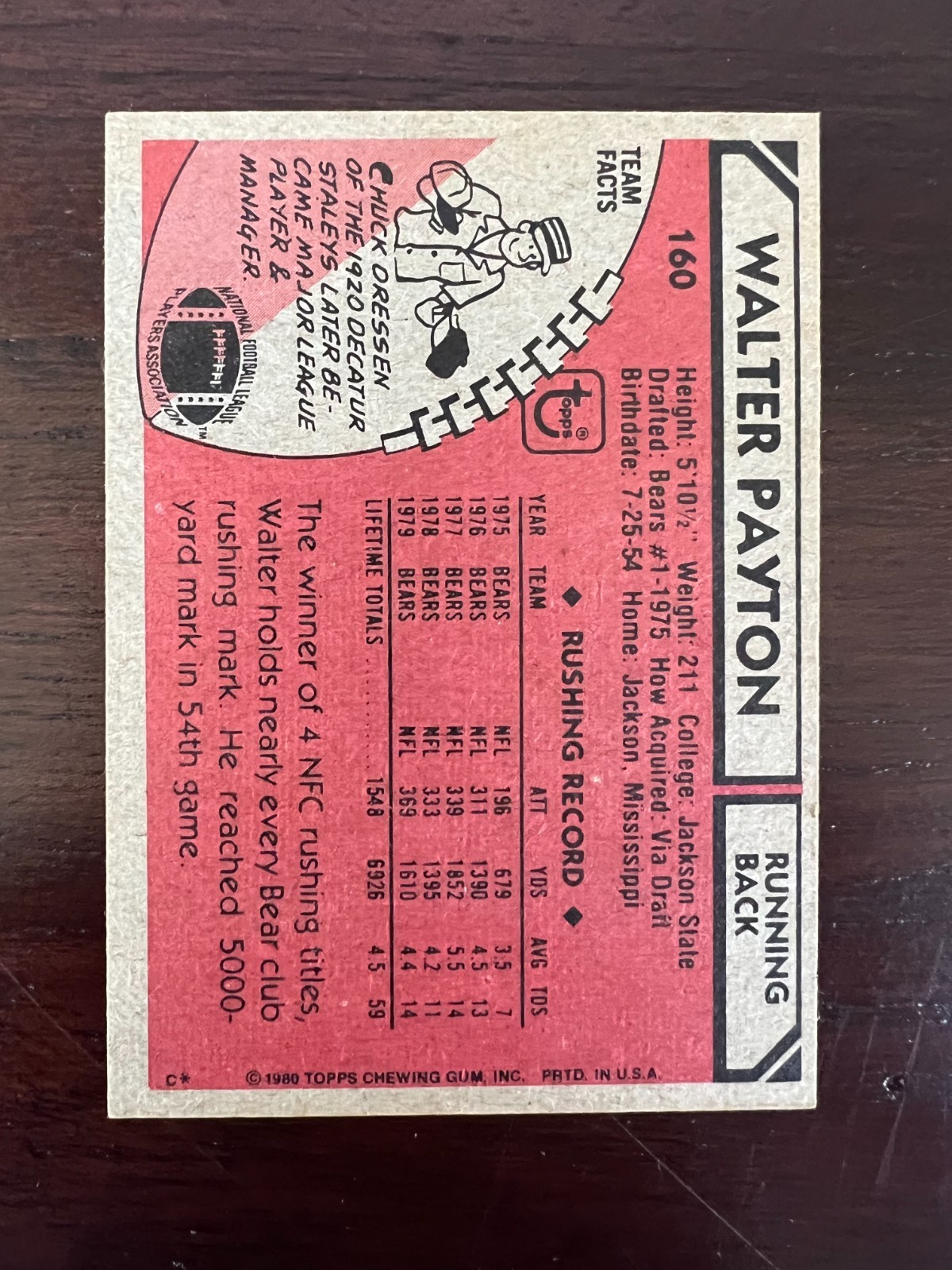 1980 Topps Walter Payton #160 NFC All-Pro Chicago Bears HOF – RAW EX-MT