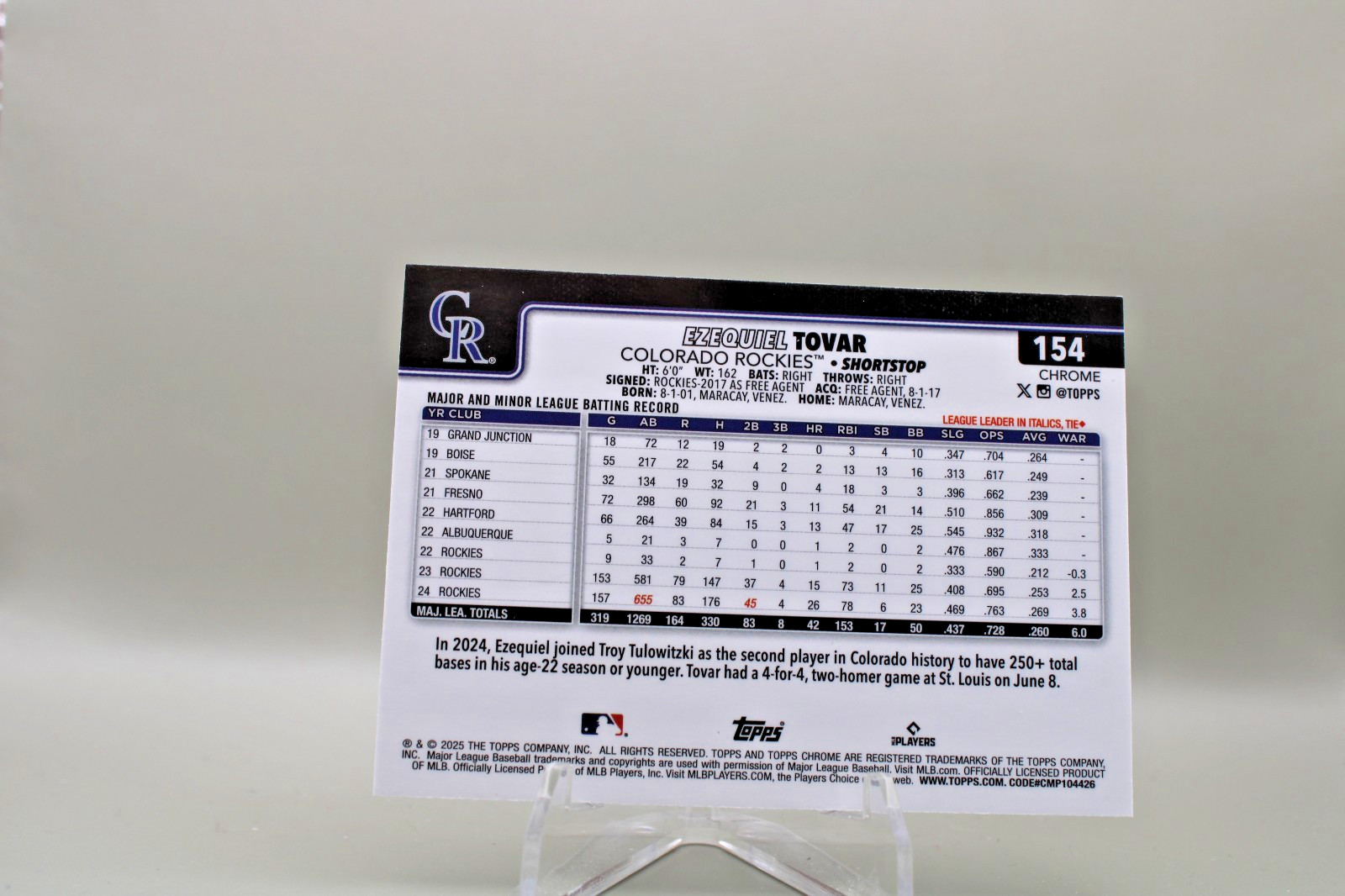 2025 Topps Chrome – Ezequiel Tovar #154 Sepia Refractor