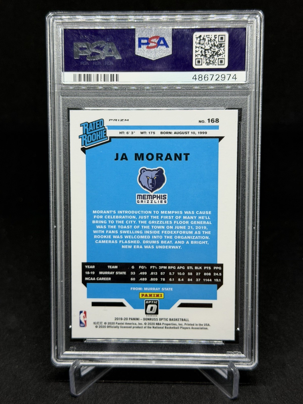 Panini 2019-20 Donruss Optic Ja Morant Rated Rookie #168 Pink Hyper PSA 10