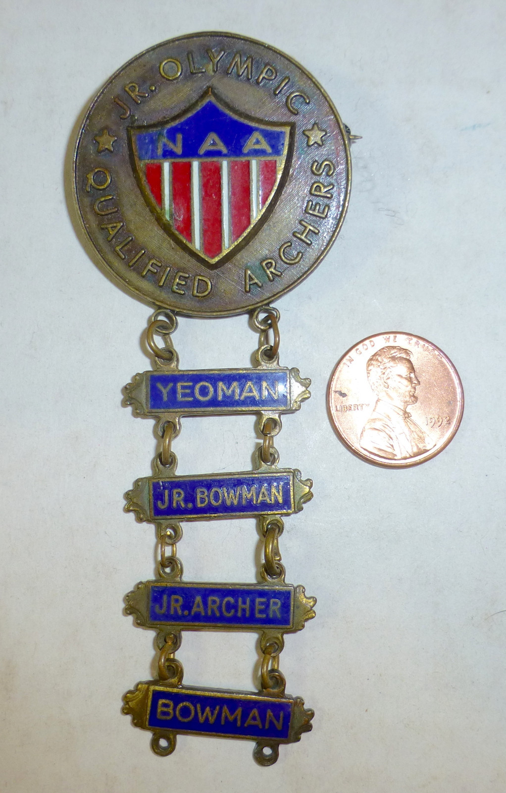 1920s NAA Junior Olympic Archers pin/medal; Yeoman, bowman, old pin