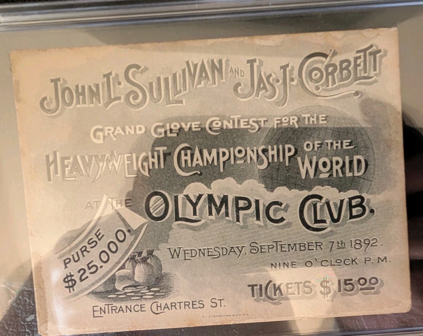 1892 John L Sullivan James J Corbett Ticket PSA 3 Just 8 Higher 1st Modern Glove