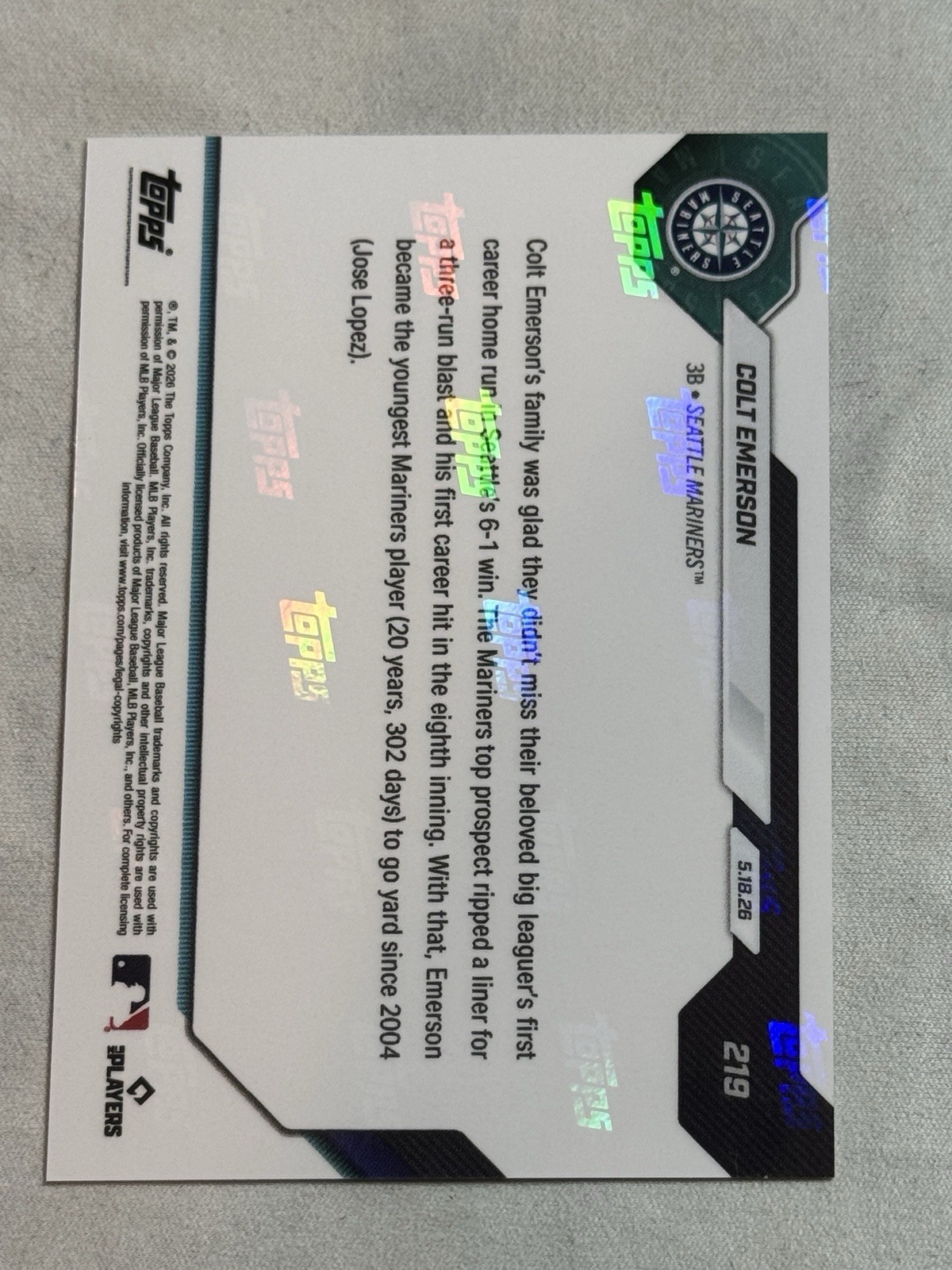 2026 Topps Now Call Up Colt Emerson Debut Rookie RC #219 Mariners