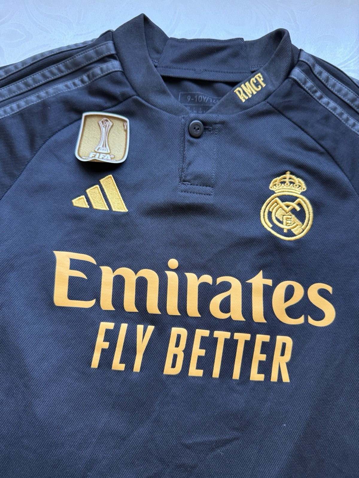 Real Madrid Tchouameni RMCF Adidas Black Emirates Fly Better Jersey Youth 9-10Y