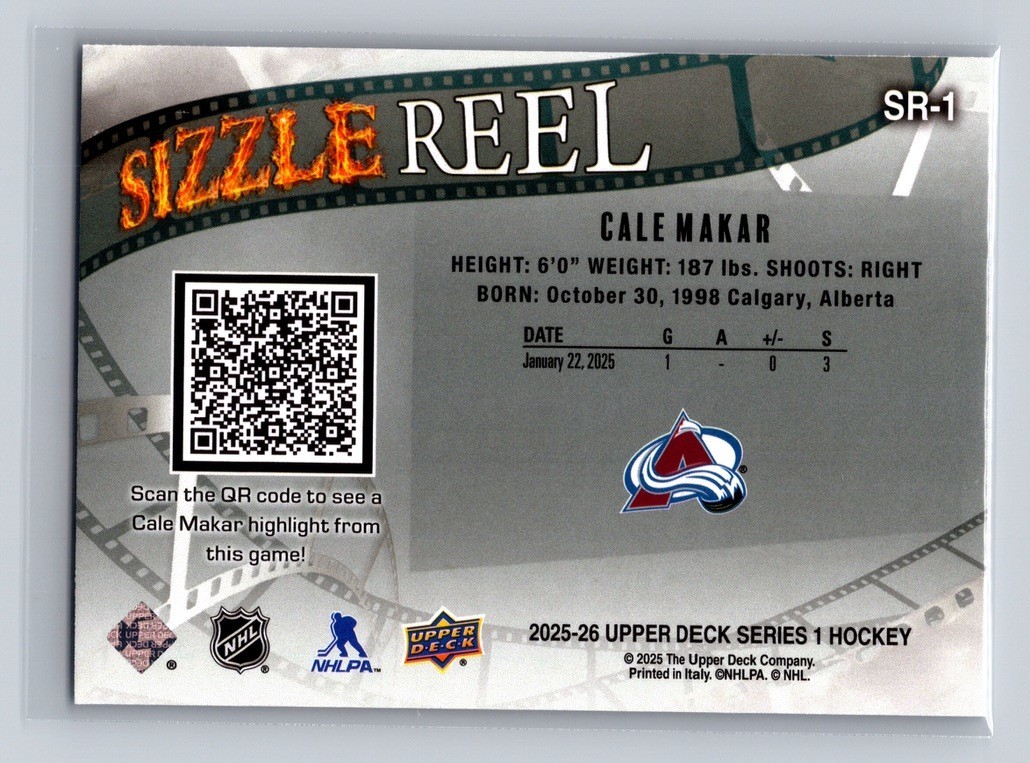 2025-26 Upper Deck Series 1 – Sizzle Reel Cale Makar #SR-1 | Colorado Avalanche