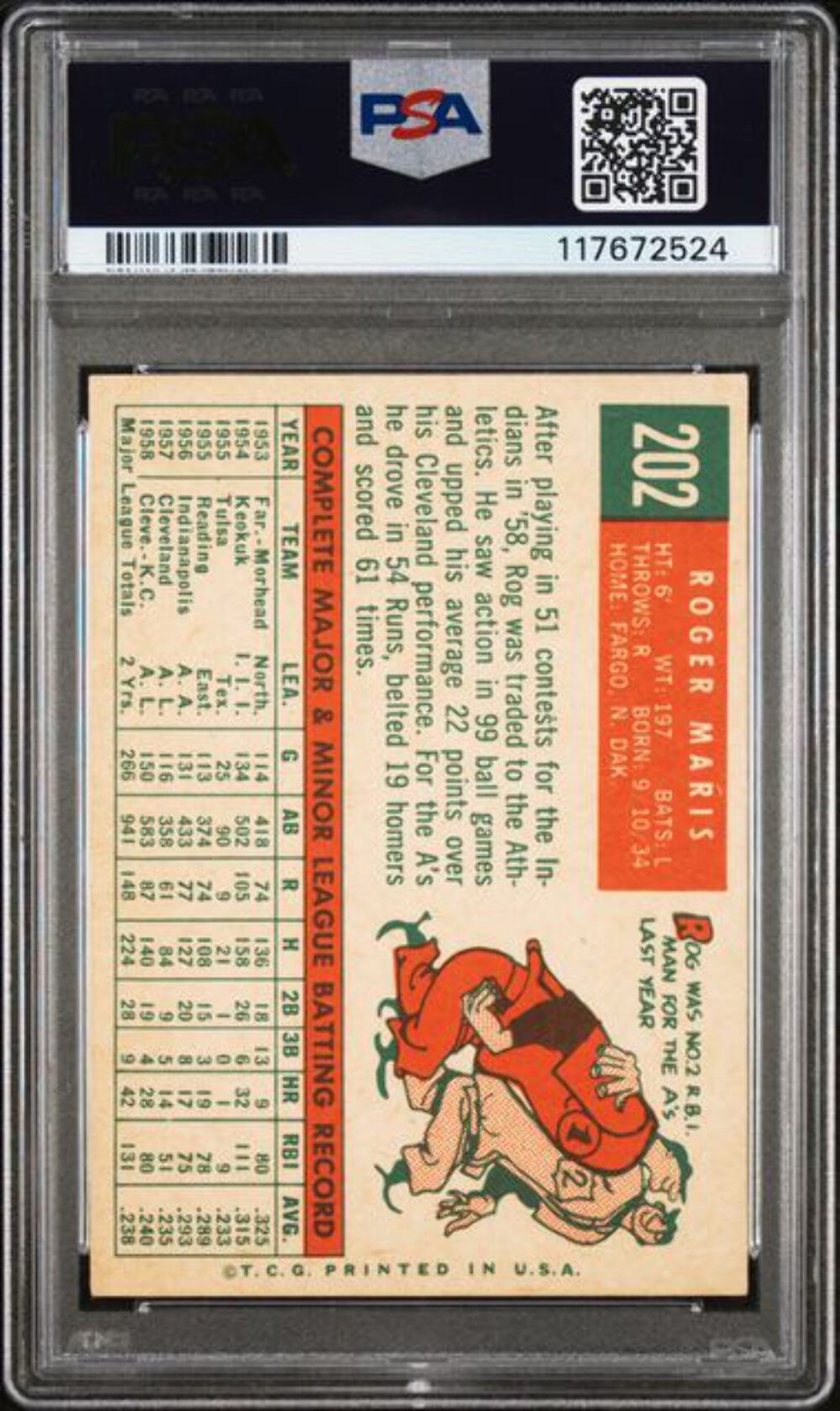 Graded 1959 Topps Roger Maris #202 White Back 2nd Year Baseball Card PSA 5