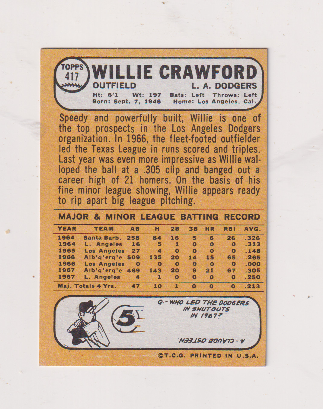 1968 Topps # 417 Willie Crawford, EX-NMT !Free Ship !