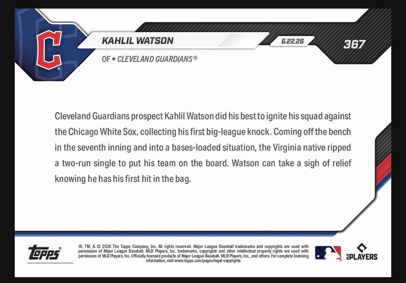Kahlil Watson Call Up – 2026 MLB Topps NOW® – Card 367 – Presale!! Guardians!!