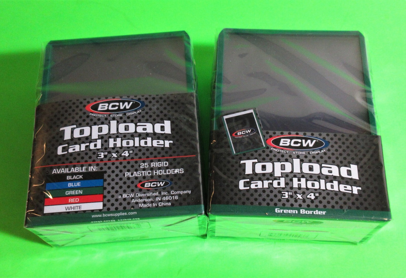 50 TOPLOAD CARD HOLDERS- GREEN BORDER, FOR TRADING CARDS,12M 3 X 4 RIGID PLASTIC